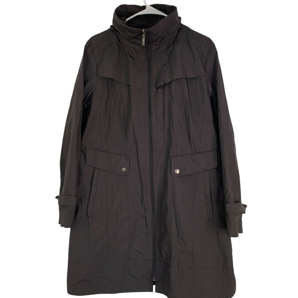 Cole Haan Womens XL Black Trench Rain Wind Coat Tuck Away Hood RJ10620
